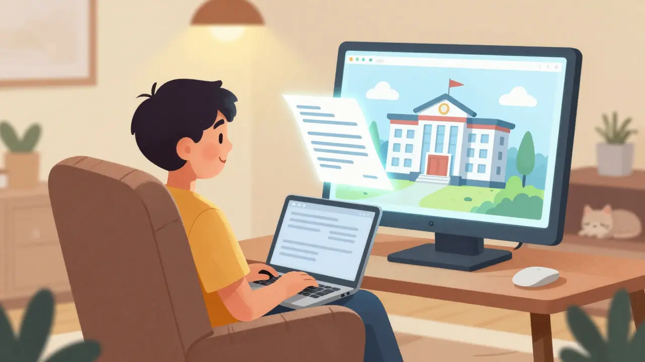 Человек с улыбкой подает декларацию онлайн через ноутбук из уютного дома