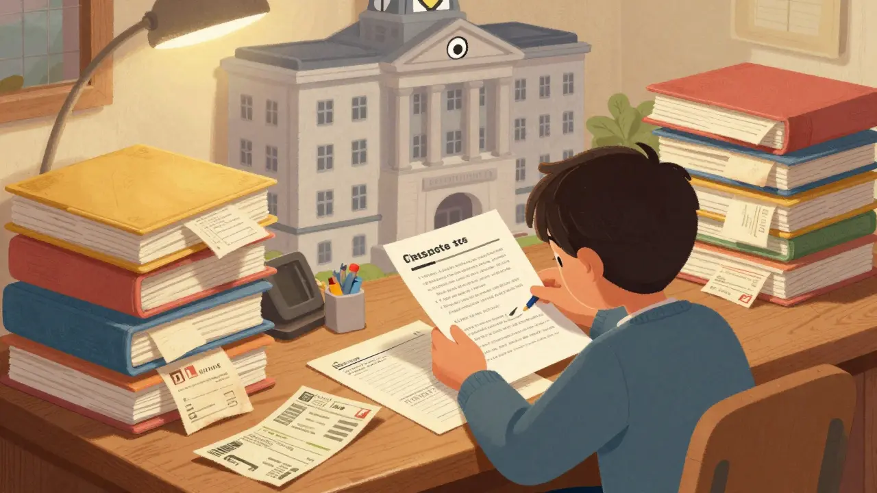 Человек за столом собирает документы и чеки для налогового вычета