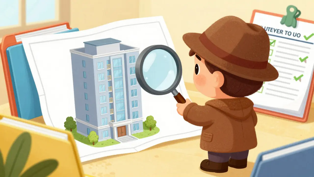 Детектив с лупой внимательно изучает чертежи и документы застройщика