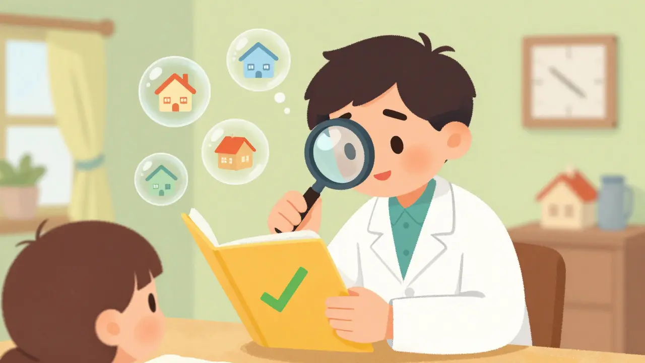 Дружелюбный оценщик изучает квартиру с помощью увеличительного стекла