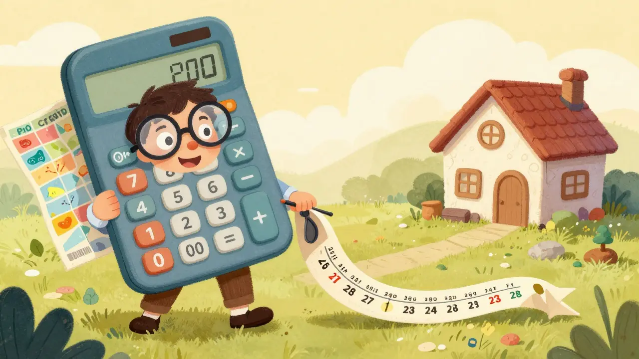 Герой с калькулятором сокращает длинную ленту срока ипотеки, чтобы быстрее получить дом.