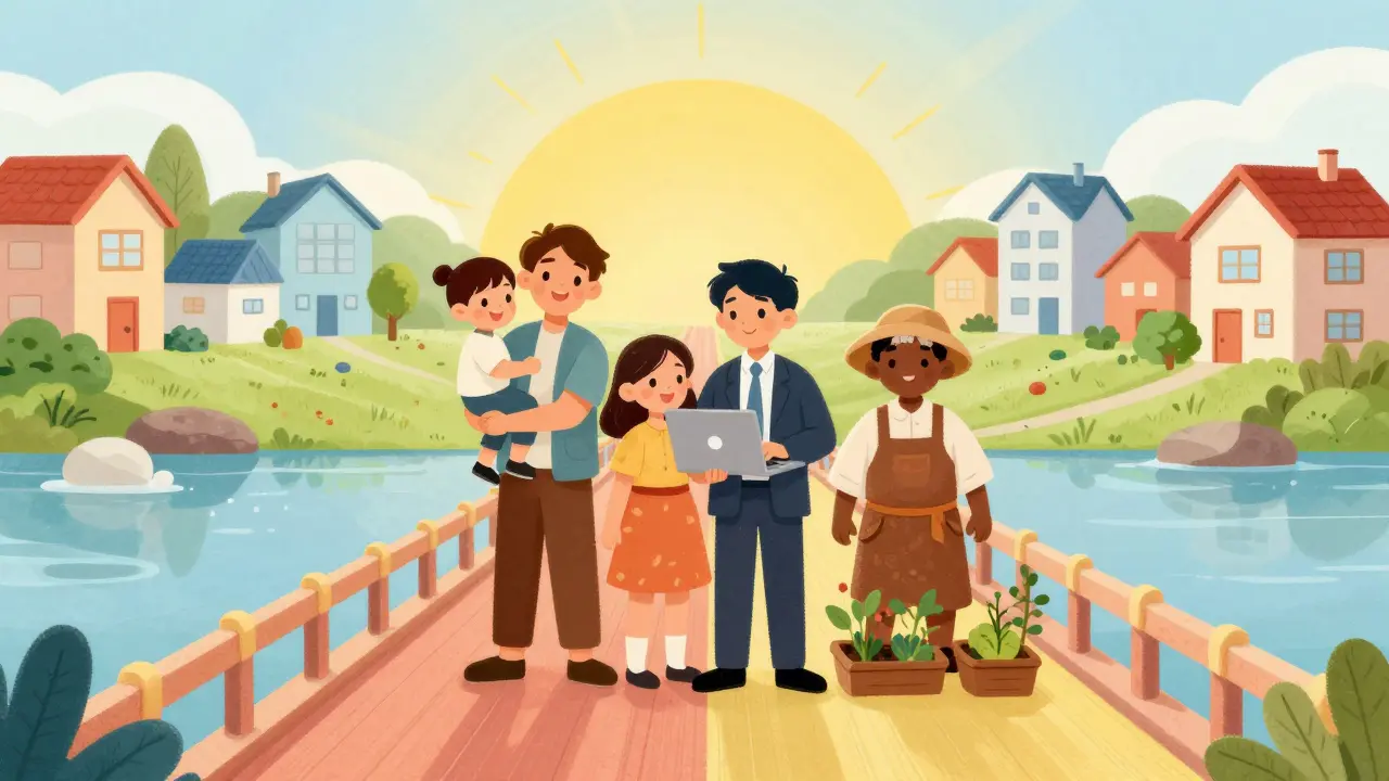 Группа людей разных профессий на пути к новым домам