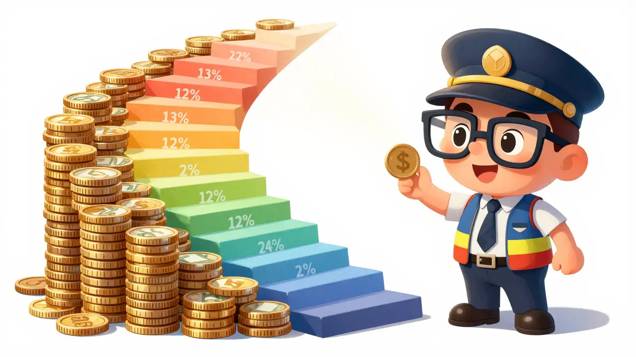 Квирк-бухгалтер рядом с лестницей из монет, символизирующей налоги