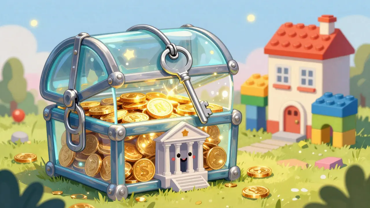 Магический стеклянный сундук с деньгами под охраной дружелюбного банка