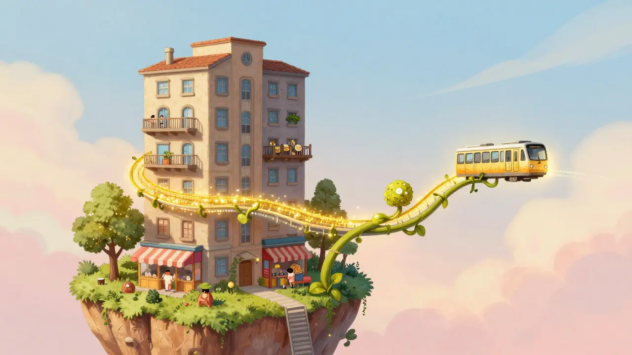 Метафора роста стоимости жилья с золотой веткой метро в стиле иллюстрации