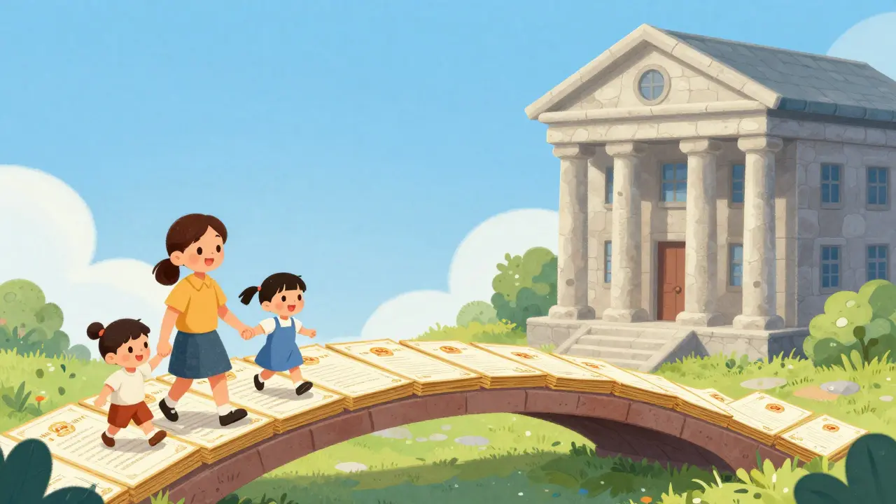 Метафорический мост из документов между семьей и банком для покупки жилья.