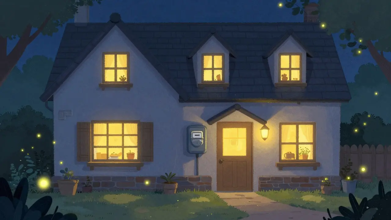 Ночной вид на освещенный дом с работающим щитком учета