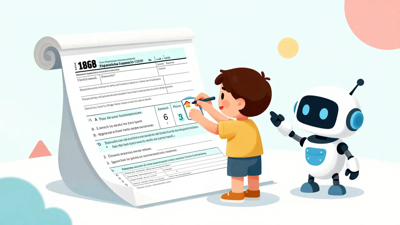 Персонаж заполняет большую декларацию с помощью маленького робота-помощника