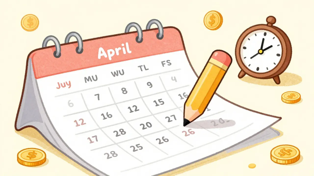 Персонаж заполняет налоговую декларацию рядом с гигантским календарем