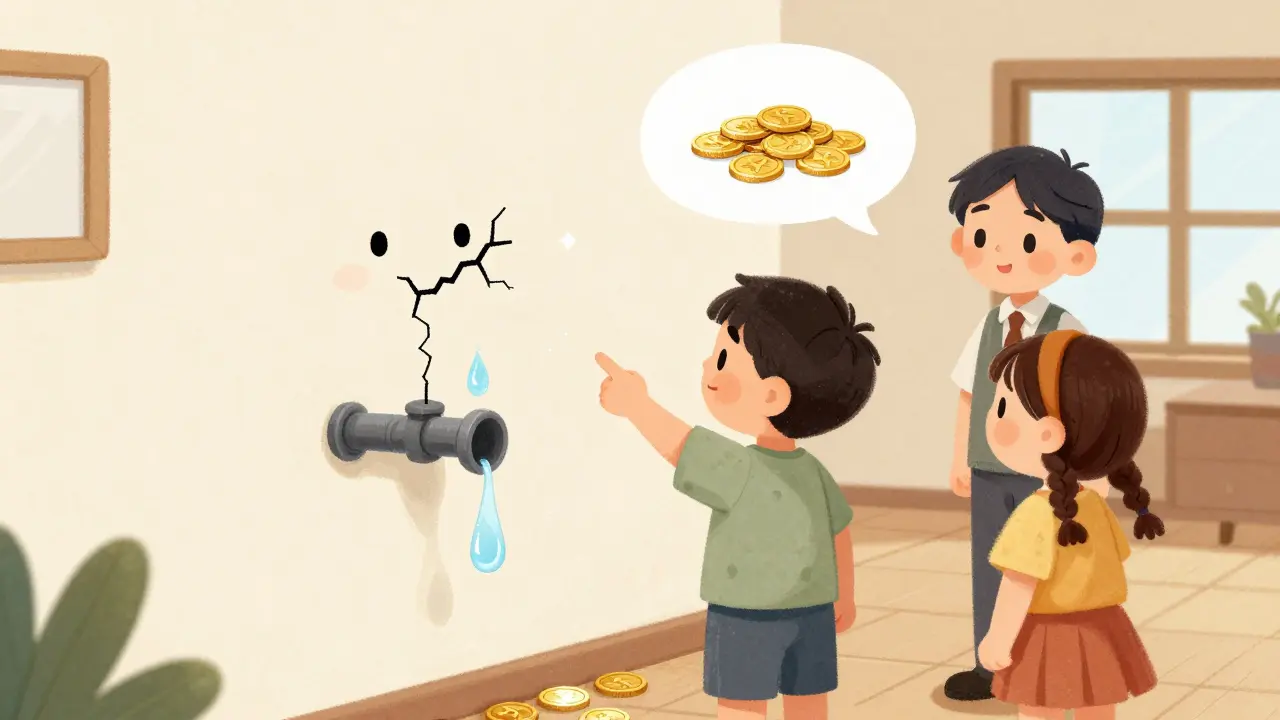 Покупатель и продавец осматривают старую трубу в квартире, обсуждая скидку