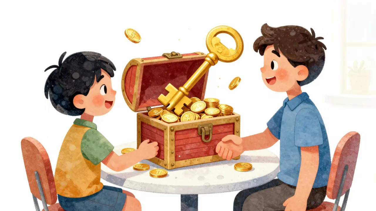 Покупатель и продавец жмут руки рядом с сундуком с монетами и большим ключом