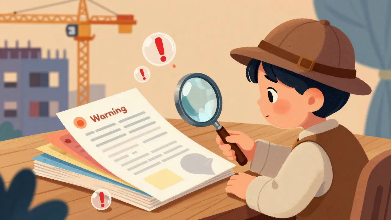 Покупатель с лупой проверяет документы на квартиру в новостройке