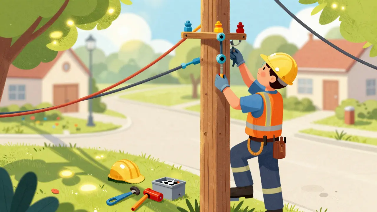 Рабочий соединяет цветные кабели на высокой деревянной опоре