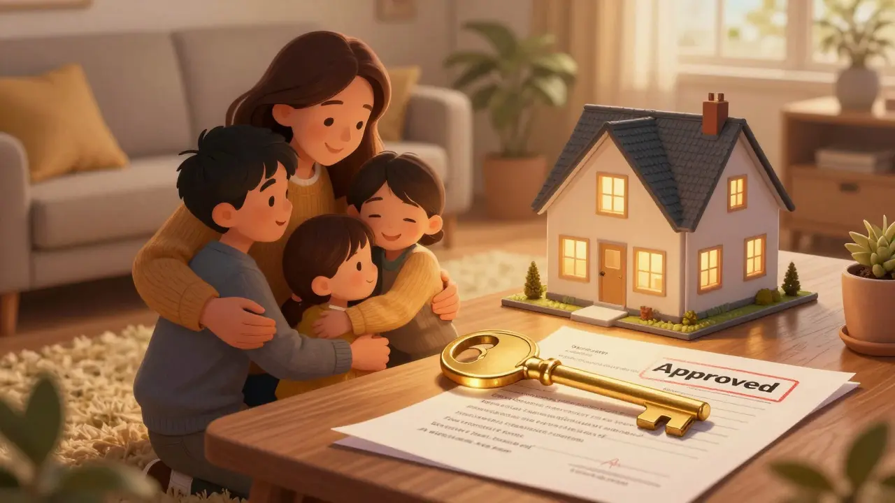 Счастливая семья в уютной комнате после успешного оформления долей в квартире.