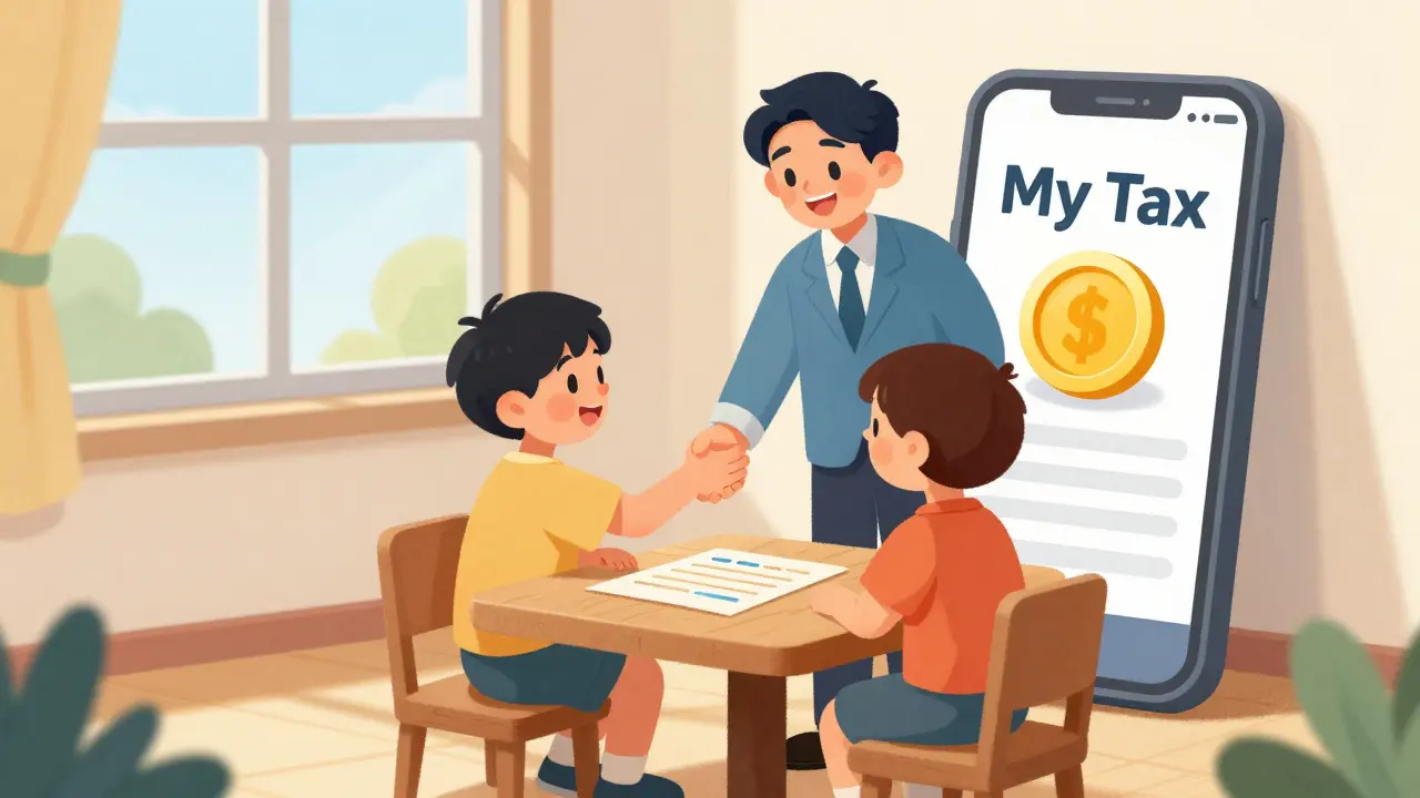 Счастливый арендодатель и жилец подписывают договор рядом с приложением для налогов