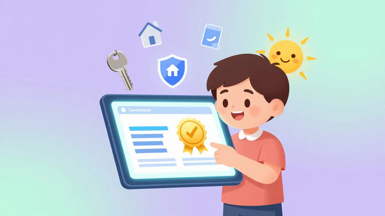 Счастливый человек использует планшет для электронной регистрации жилья