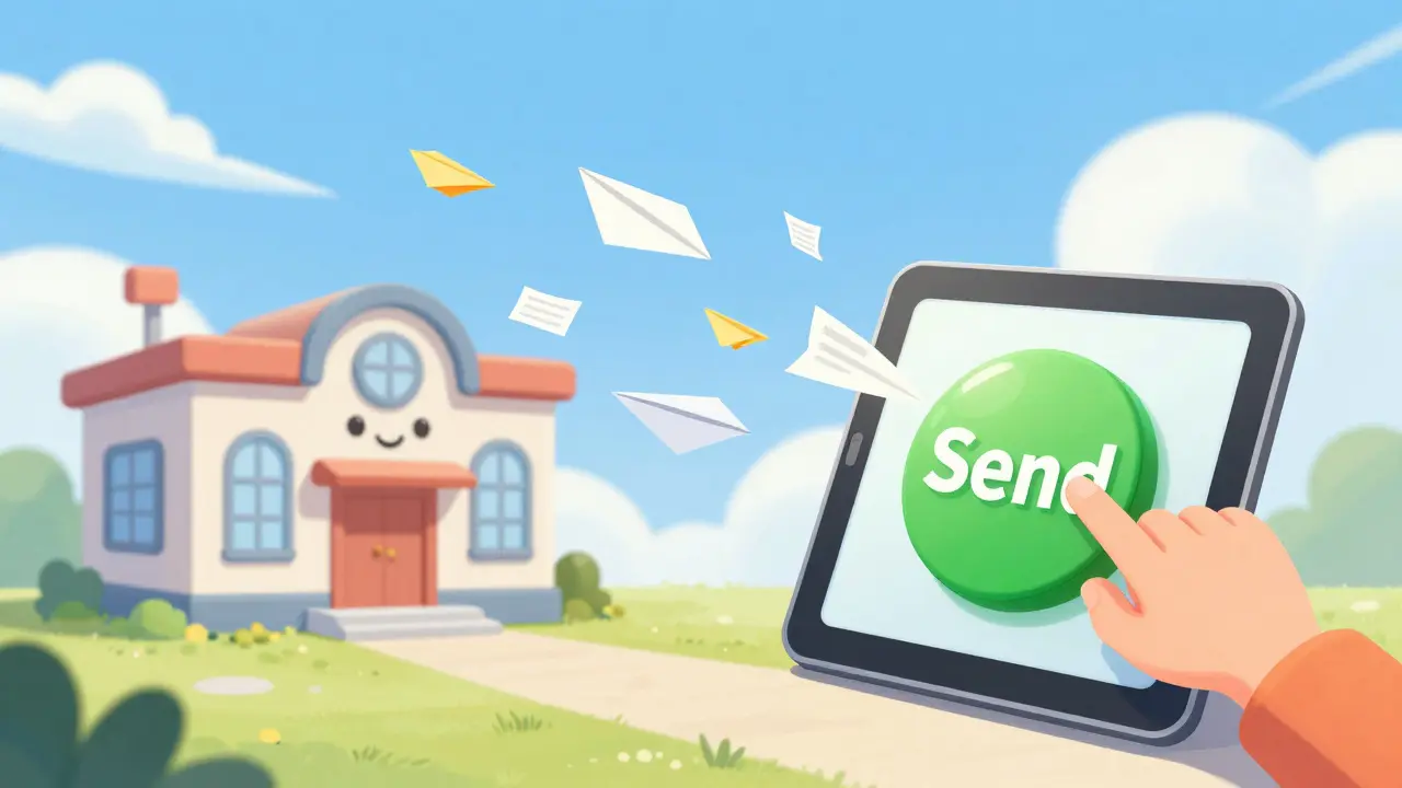 Счастливый человек отправляет документы через планшет в виде бумажных самолетиков