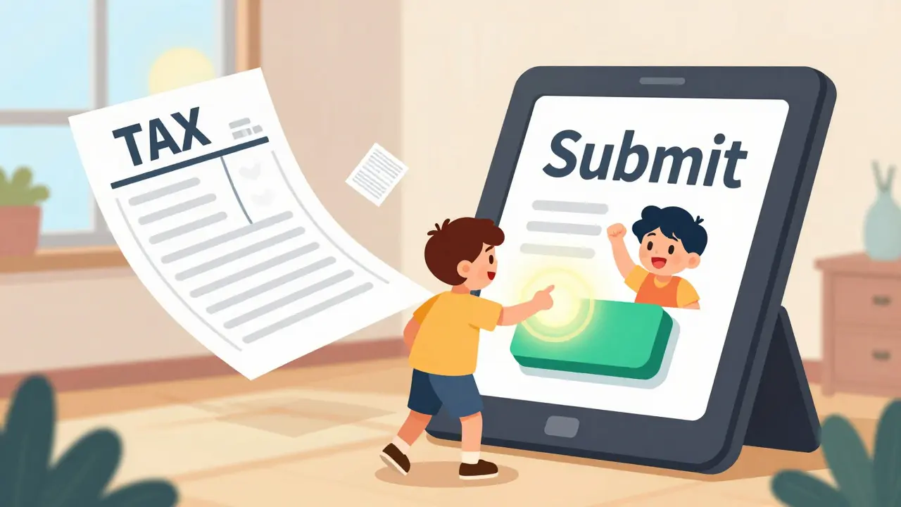 Счастливый владелец отправляет документы через планшет, и налог уменьшается