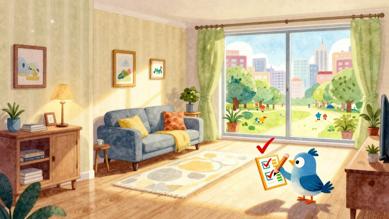 Сравнение старой и современной квартиры с помощью милого птички-помощника и списка