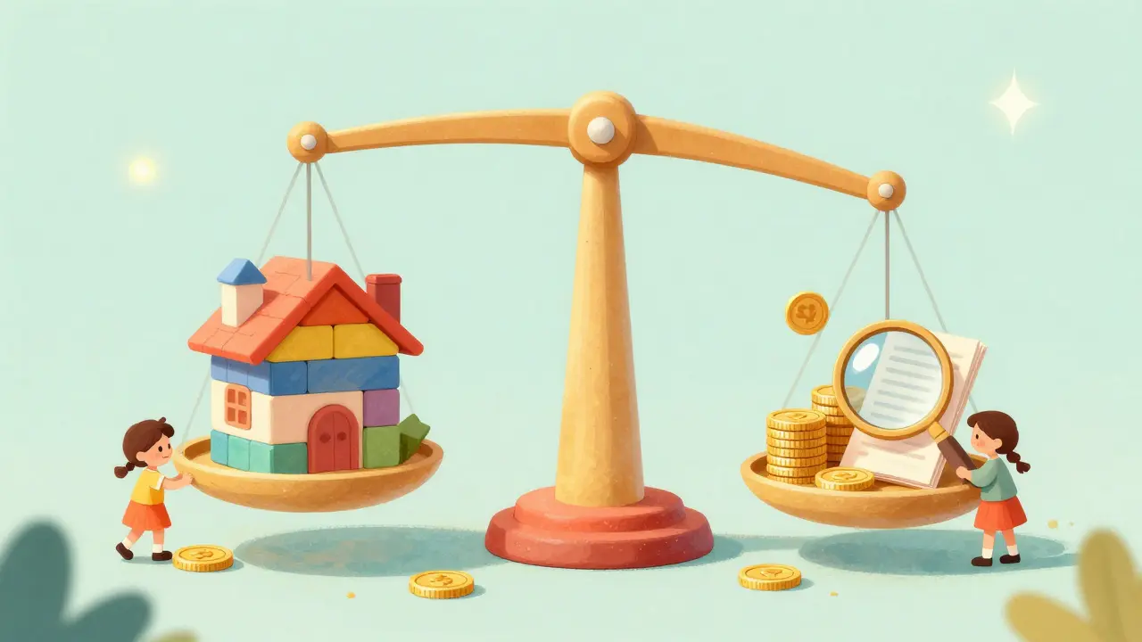 Стилизованные весы с домом и монетами для расчета налоговой базы