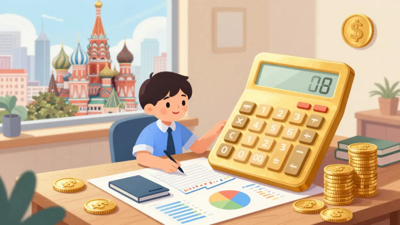 Уютная рабочая зона с золотыми монетами и графиками на фоне силуэта города