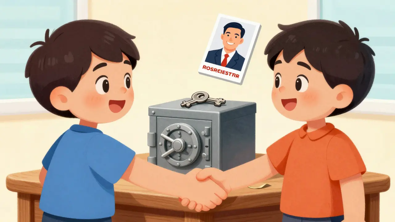 Покупатель и продавец пожимают руки над сейфом с ключами от новой квартиры