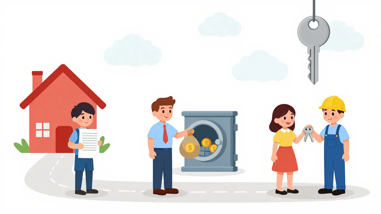 Иллюстрация шагов покупки квартиры: от документов до ключей