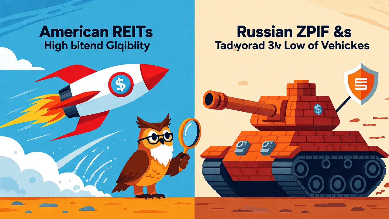 Иллюстрация: ракета (REIT) и танк (ЗПИФН), которых изучает мудрая сова